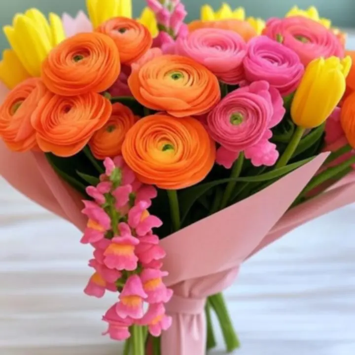 Színes születésnapi virágcsokor friss tavaszi virágokból