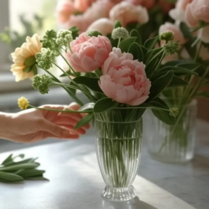 Üveg váza friss virágokkal botanikai környezetben