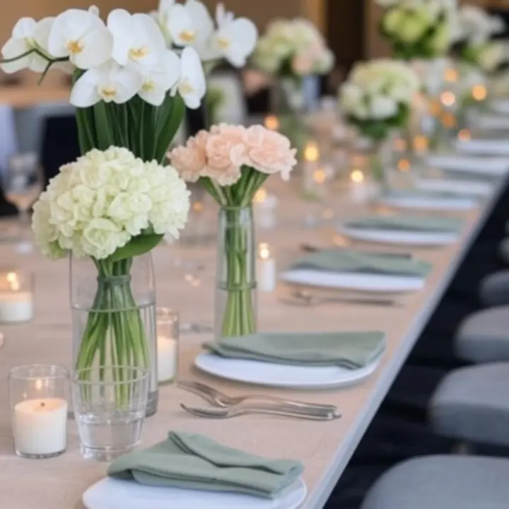 Elegáns korporatív vacsoraasztal virágos középponttal