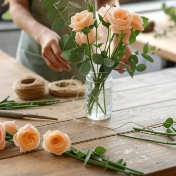 Virágkötészeti műhely egyedi kompozíció készítése közben