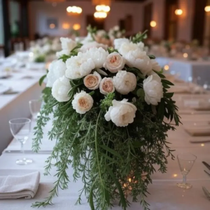 Elegáns esküvői virágdekoráció, asztaldíszek és mennyezeti installáció