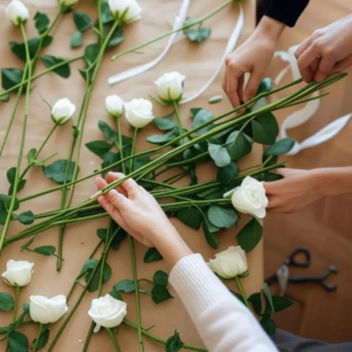 Virágkötő mester munka közben az atelierben, hagyományos technikákat alkalmazva
