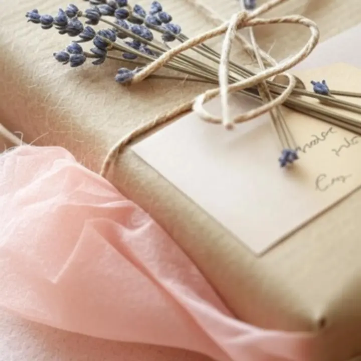 Kézműves ajándékcsomagolás natúr papírral és szárított levendulával