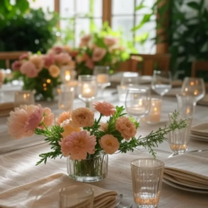 Meghitt születésnapi vacsora asztaldekoráció virágokkal