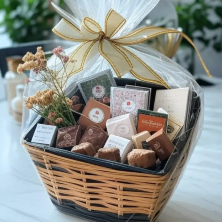 Luxus ajándékkosár virágokkal és finomságokkal