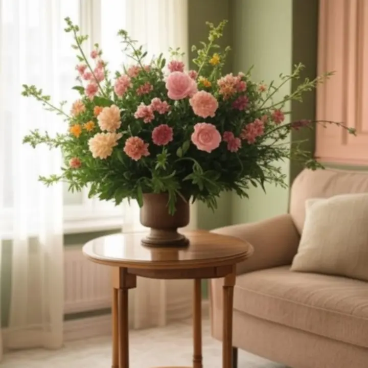 Virágcsokor ideális elhelyezése nappali asztalon