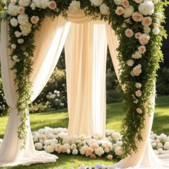 Gyönyörű esküvői virágív zöld növényekkel és fehér virágokkal